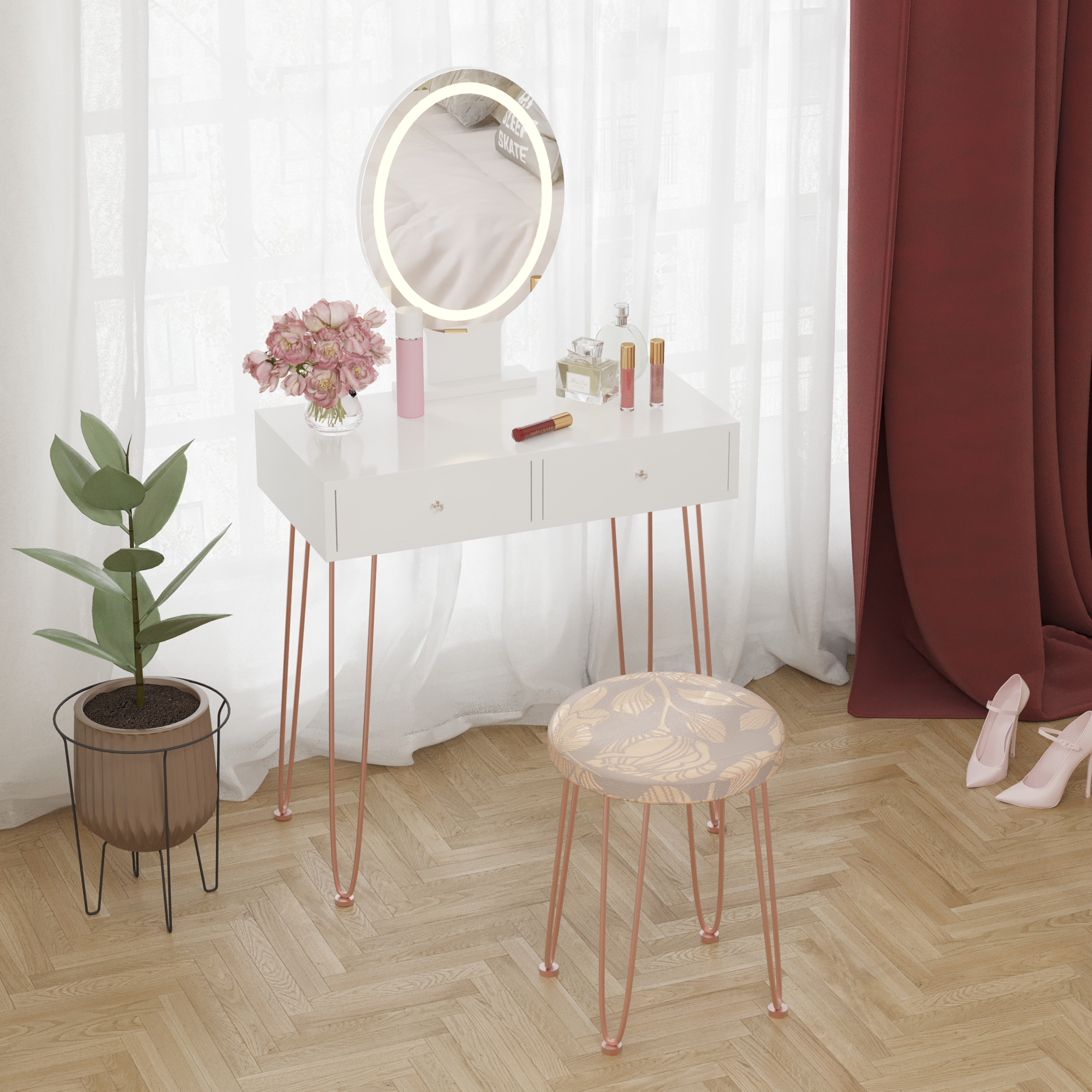 Vanity Table Set with Lighted LED Touch Screen Dimming Round Mirror