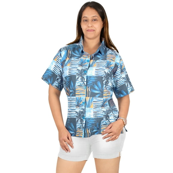 LA LEELA Hawaiian Shirts Womens Cotton Linen Effect Shirt Short Sleeve Womens Button up Collared Blouses Vacation Casual Summer Button Down Holiday Beach Party S Lapis, Tropical