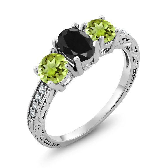 Gem Stone King 2.32 Ct Oval Black Sapphire Green Peridot 925 Sterling Silver Moissanite Ring (Size 8)