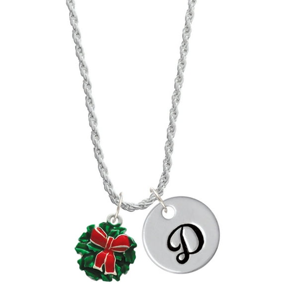 Delight Jewelry Enamel Wreath with Bow Silvertone Script Initial Disc - D - Charm Necklace, 20" 3"