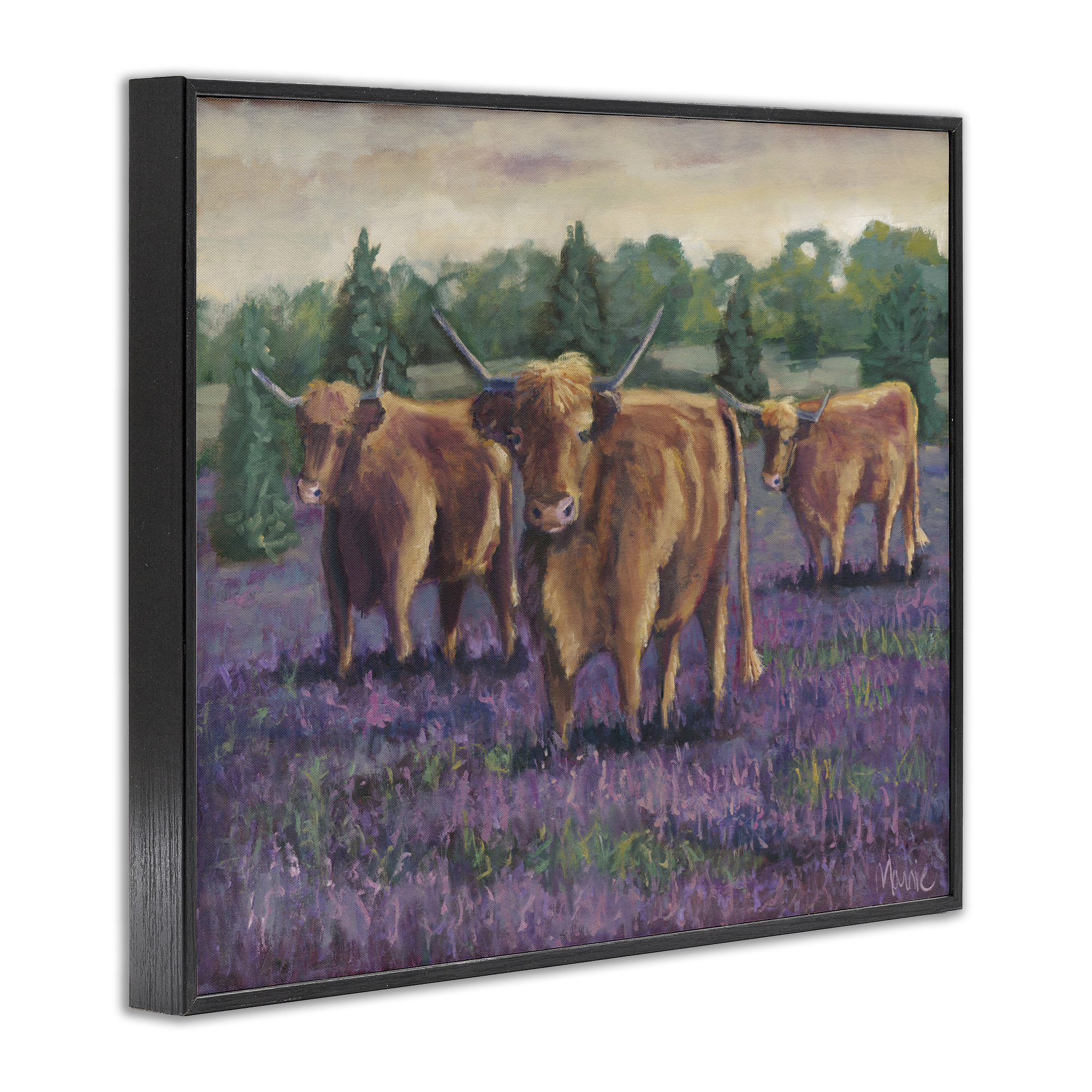 Purple Fields & Cows Black Framed Giclee Art, design by Marnie Bourque