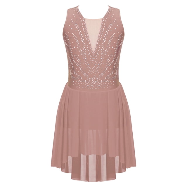 Sxiwei Robe de Patinage Artistique en Strass Brillant pour Filles Enfants Justaucorps de Ballet Jupe Rose Poussiéreux 6