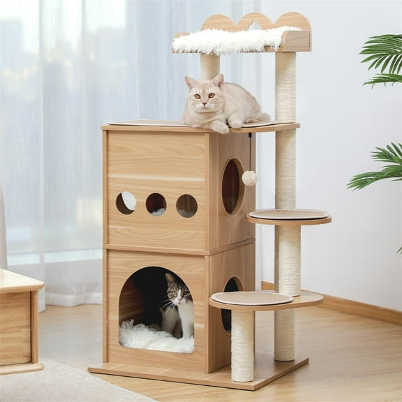 Pefilos 51" Cat Tower for Large Cats Modern Wooden Cat Tree Multi-Level Cat Tree Tower Cat Sky Castle with Cozy Cat Condos, Beige