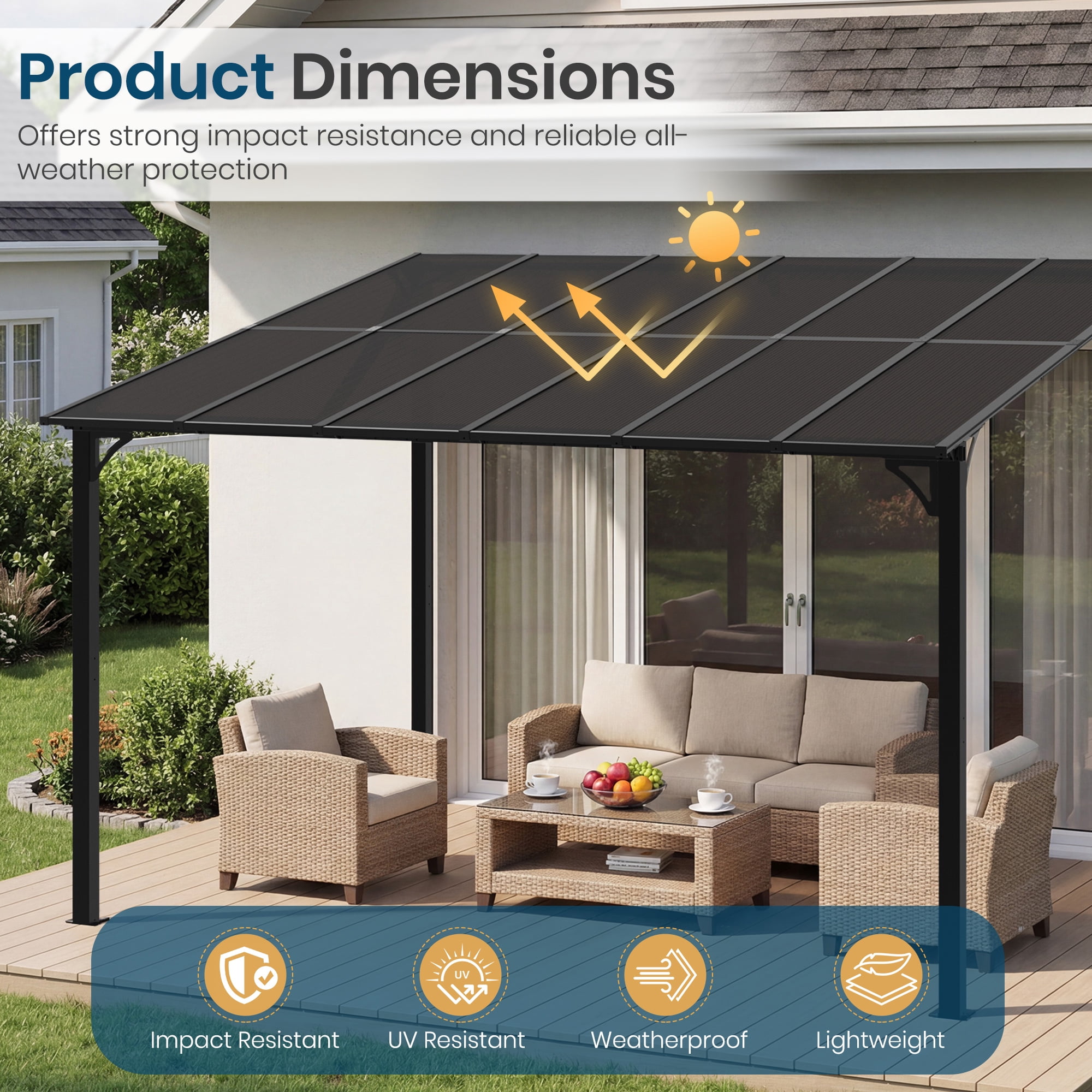 10’ x 12’ Wall-Mounted Gazebo with Polycarbonate Roof Panels, Lean-to Pergola Patio Cover with Aluminum Frame, Outdoor Awning for Backyard, Porch & Deck
