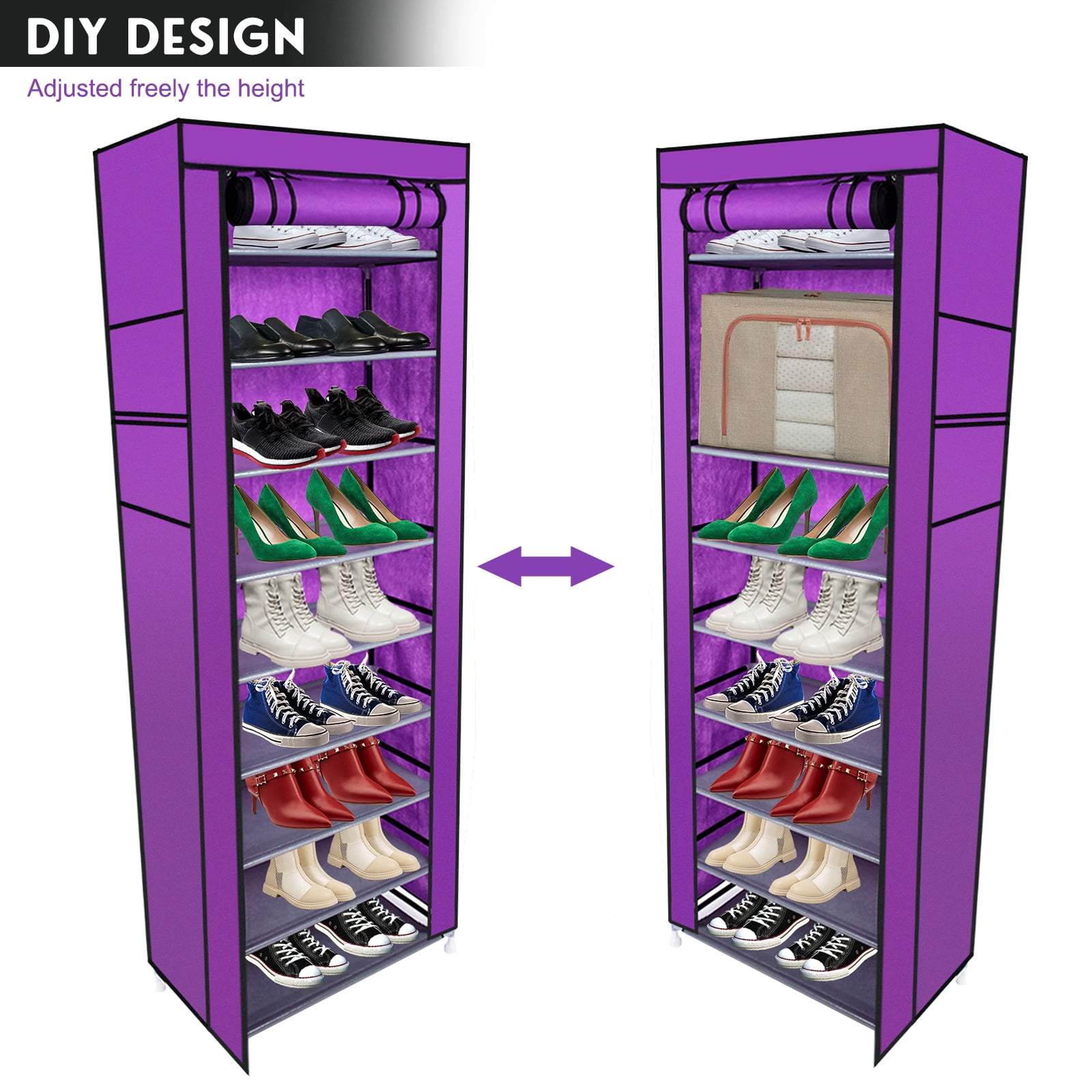 Shoes Rack with Cover, paproos 10 Tier Shoes Organizer, Fabric Sneaker Rack with Dustproof Nonwoven Fabric Cover, Room-saving Shoe Storage Cabinet for Entryway, Free Standing Tall Shoe Holder, Purple