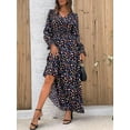 thumbnail image 3 of Women's Floral Printed V Neck Long Sleeve Smocked Waist Maxi Dress for Autumn Winter, 3 of 11