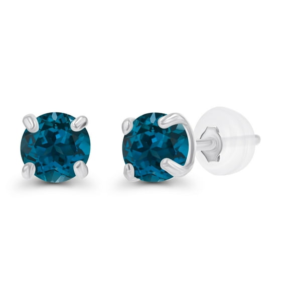Decadence Sterling Silver Rhodium 3mm Round Natural London Blue Topaz December Birthstone Stud Earrings For Women