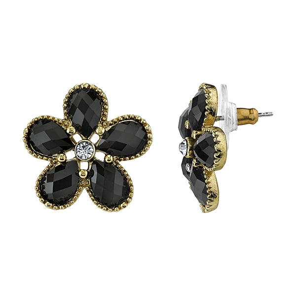 1928 Jewelry Le Marais Gold-Tone Black Faceted Flower Button Stud Earrings