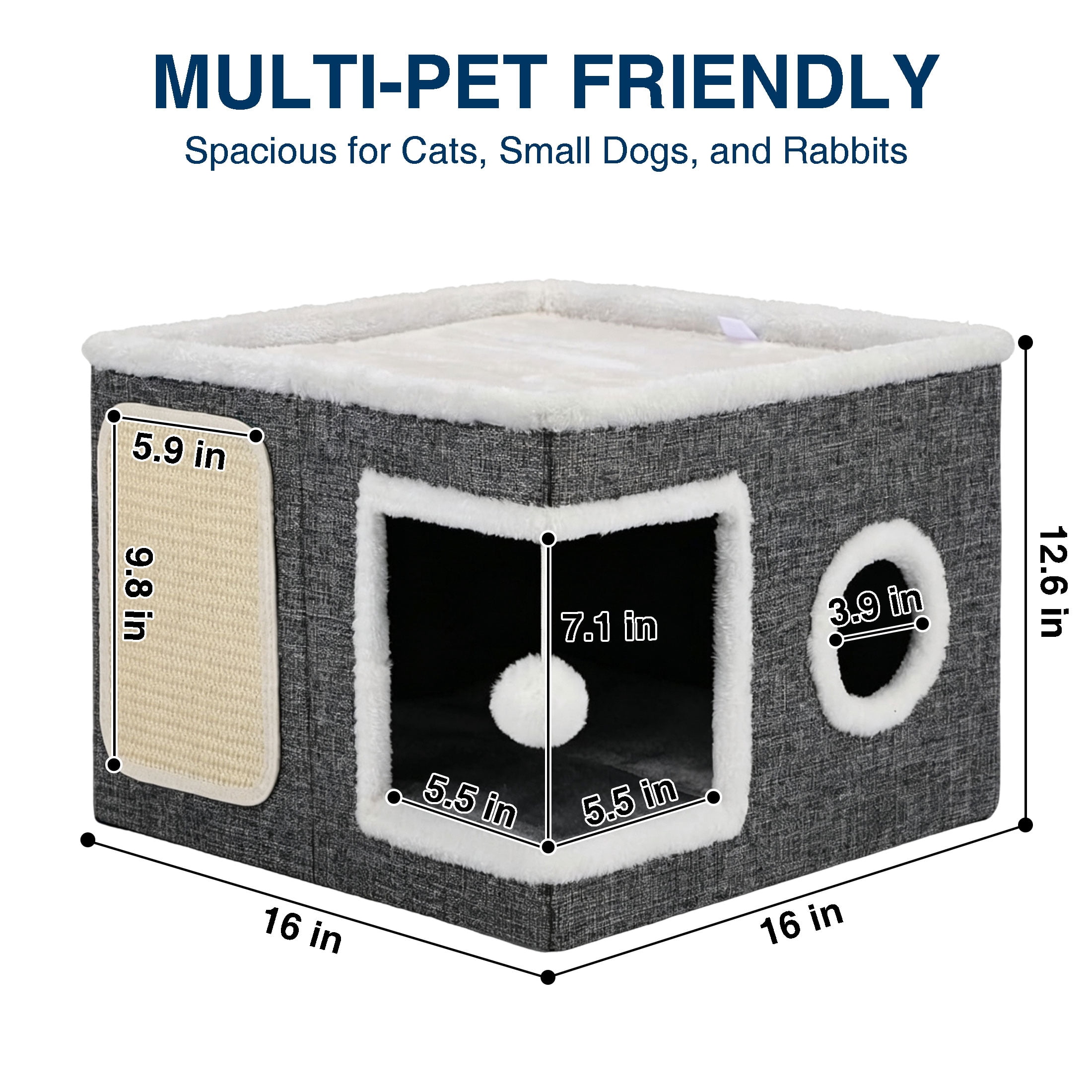 GARITIN Cat Cube House with Sisal Scratcher, Plush Cat Bed & Dangling Toy Ball for Indoor Cats