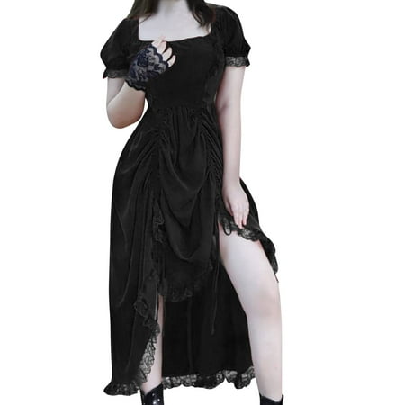 

Women s Steam Punk Gothic Retro Short Sleeved Lace Stitching Dress Black Robe Men Toddlers