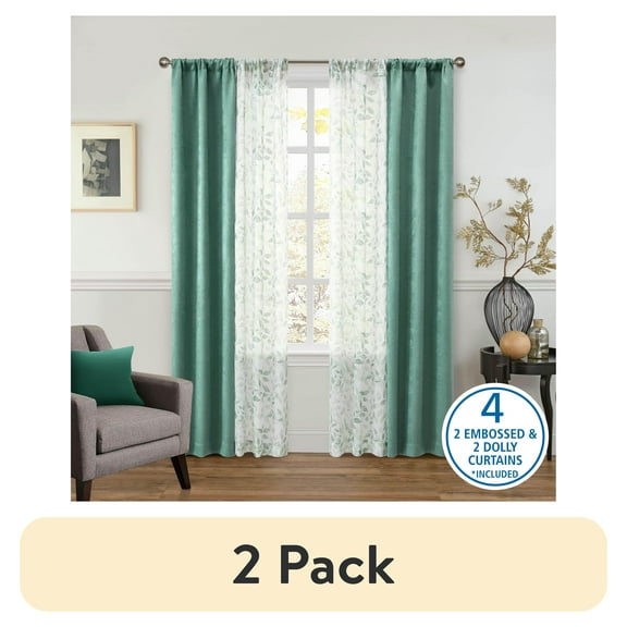 (2 pack) Mainstays Metallic Blackout Curtains and Sheers Set, 4 Panels, Green Sage, 27.5" W x 84” L