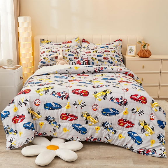 Twin Size Comforter Sets for Boys Kids, 6 Pieces Bed in a Bag Racing Car Bedding Comforter Sheet Set with Shams and Decorative Toy Pillow