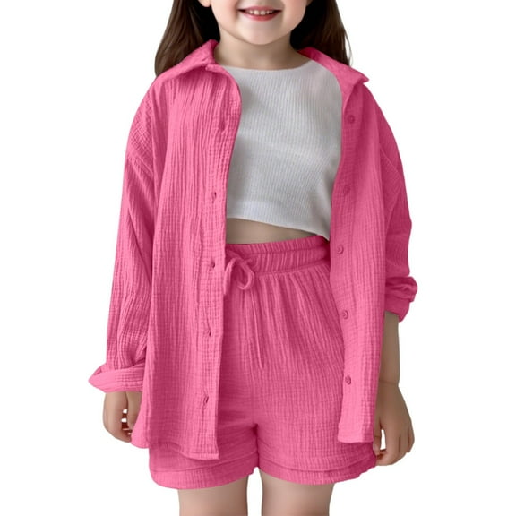 MEZZALL Girls Outfits Sets Casual Playwear School Summer Fall Toddler Kids Shirt Shorts Outfits Sets Comfortable Solid Color Turn Down Collar Elastic Waist Solid Color Dailywear Stylish / 13-14 Years
