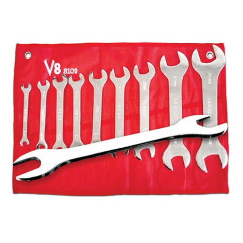 V8 Tools 8109 Super Thin Open End Wrench Set, 9 Piece, 8Mm To 32Mm, Fully Polished, In Canvas Pouch