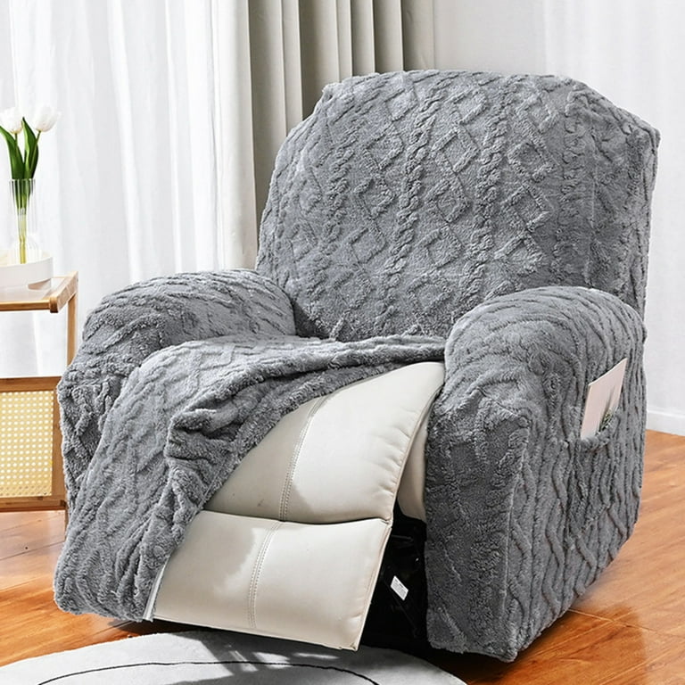 Recliner Slipcover 1 Piece Electric Recliner Covers Washable Solid Color Jacquard Plush Stretch Sofa Couch Chair Covers with Pocket Gray