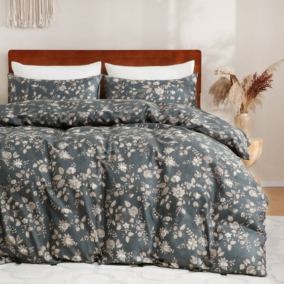 Retro light luxury olive green floral leaf down quilt set of 3 pieces, zipper machine washable, breathable all year round without sweating, elegant bedding (including 2 pillowcases   1 duvet cover)