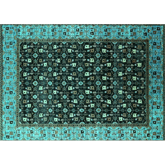 Ahgly Company Machine Washable Indoor Rectangle Oriental Turquoise Blue Industrial Area Rugs, 2' x 4'