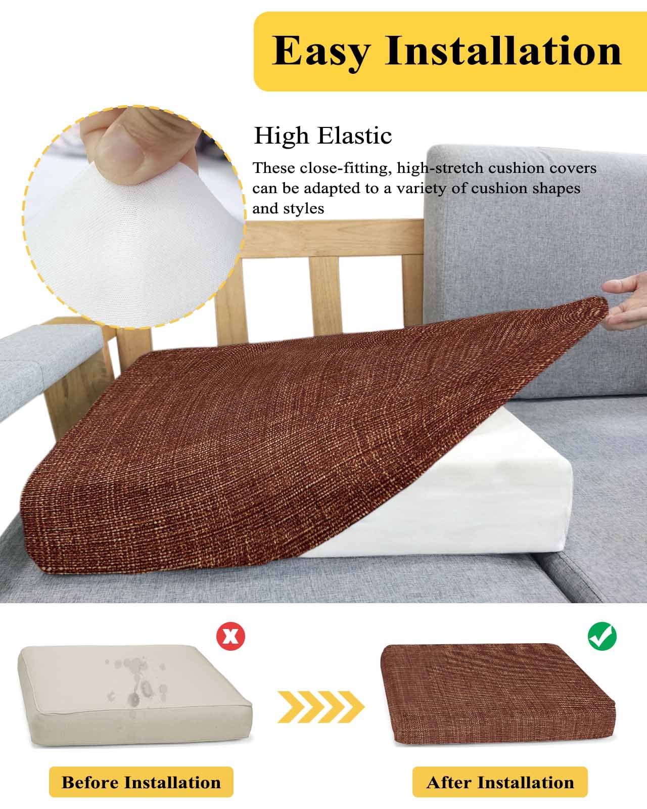 Dark Brown Couch Cushion Covers,Stretch Seat Cushion Covers for Sectional Sofa,Vintage Country Monochrome Chocolate Color Loveseat Sofa&nbsp;Slipcovers Furniture Protector with Elastic&Straps 1Pcs,M