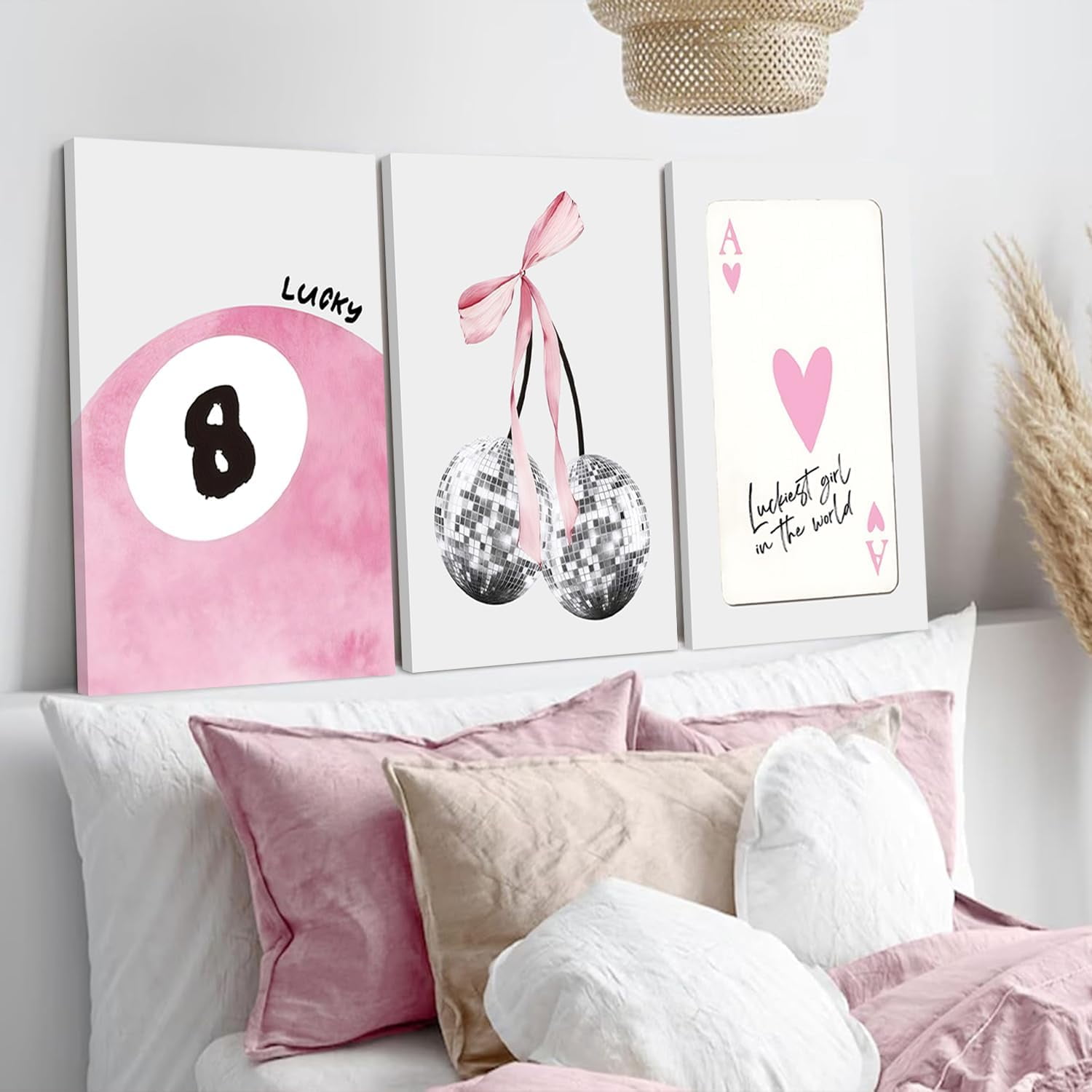 JBZZD Pink Coquette Canvas Wall Art Set of 3 Trendy Preppy Disco 8 Ball Cherry Wall Decor Posters Room Decor Prints Pictures for College Apartment Girls Bedroom Living Room Framed 12x16In