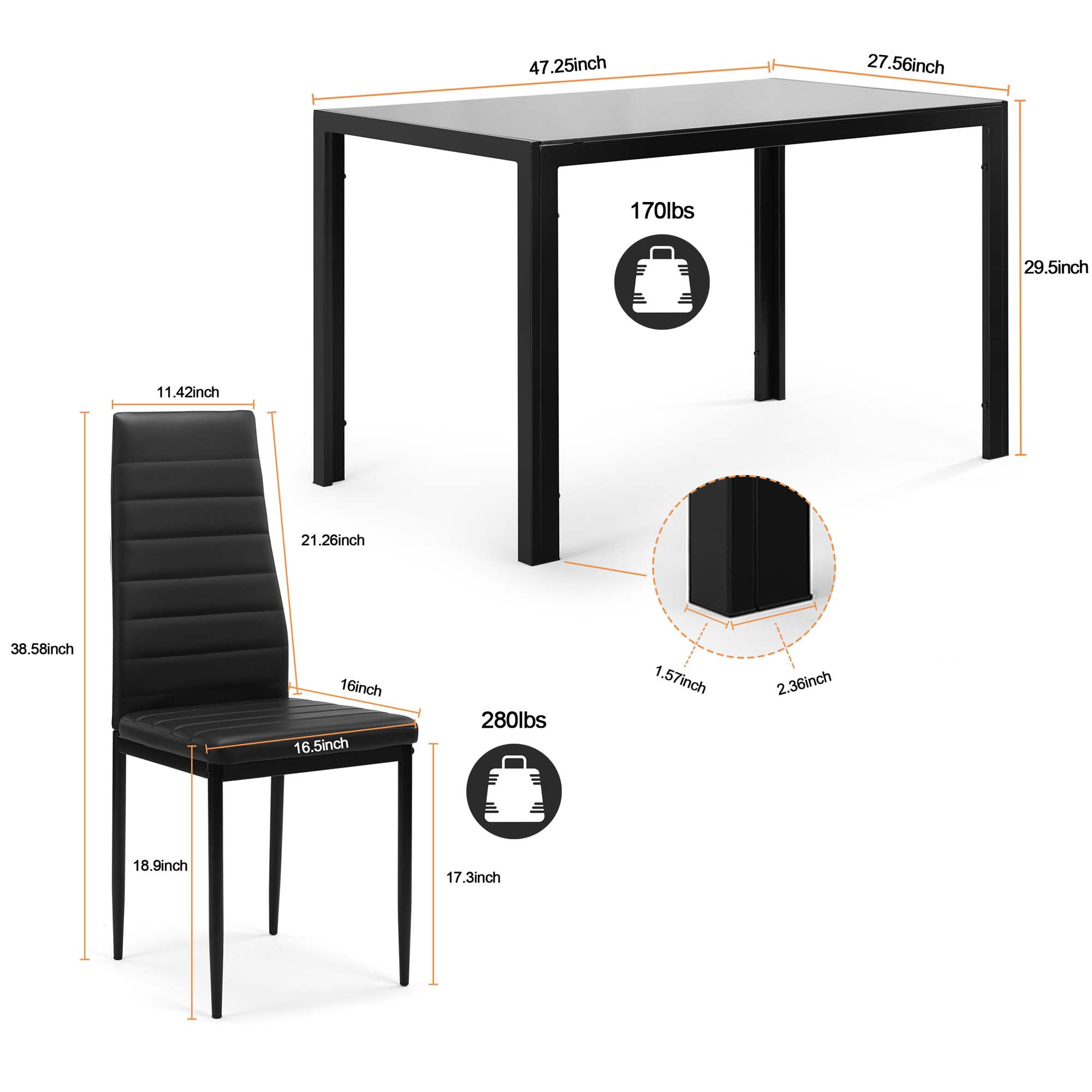 Aukfa 5-Piece Dining Table Set for Dining Room, Kitchen, Dinette, w/Glass Tabletop, 4 Faux Leather Metal Frame Chairs - Black