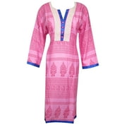 Mogul Woman's Ethnic Indian Long Kurti Pink Printed Rayon Tunic Dress XL