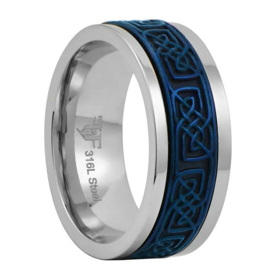 Blue Celtic Spinner Ring Mens Womens 316L Stainless Steel Wedding Band Fantasy Forge Jewelry