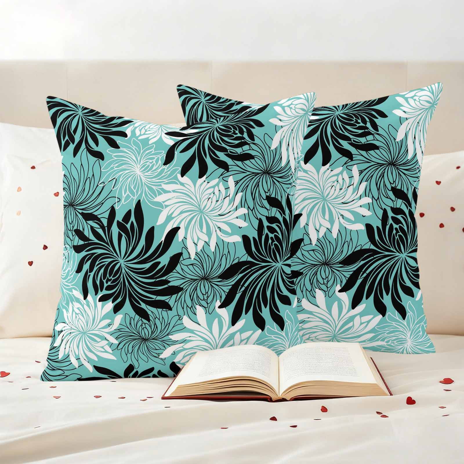 Teal Black Flowers Outdoor Waterproof Throw Pillow Covers 18x18 Set of 2, Modern Abstract Blooms Floral Decorative Pillowcases Cushion Pillowcase for Couch Sofa Patio Outside Pillow Protector