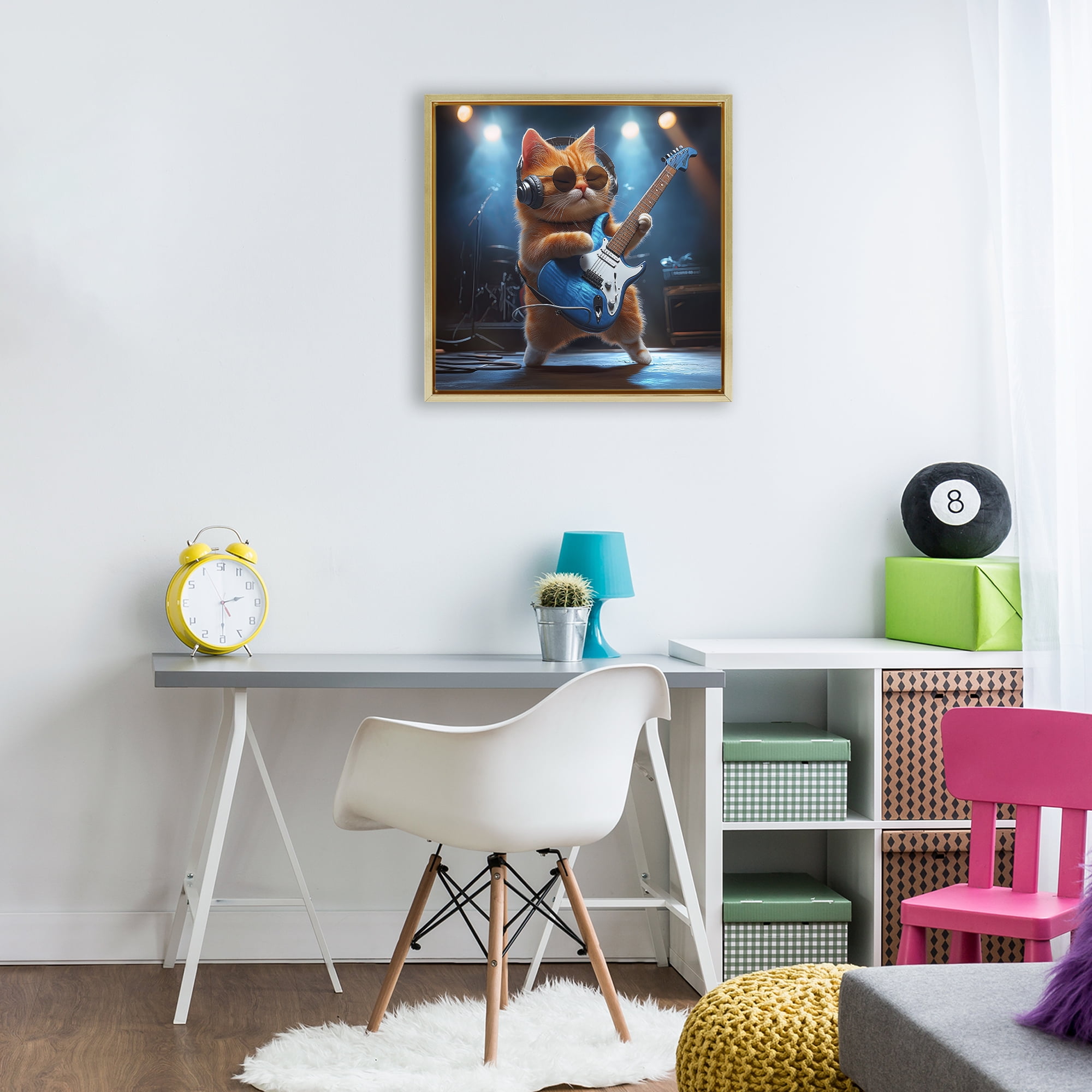 Cat Guitarist in Band Gold Framed Floater Canvas Wall Art, design by Jim Baldwin