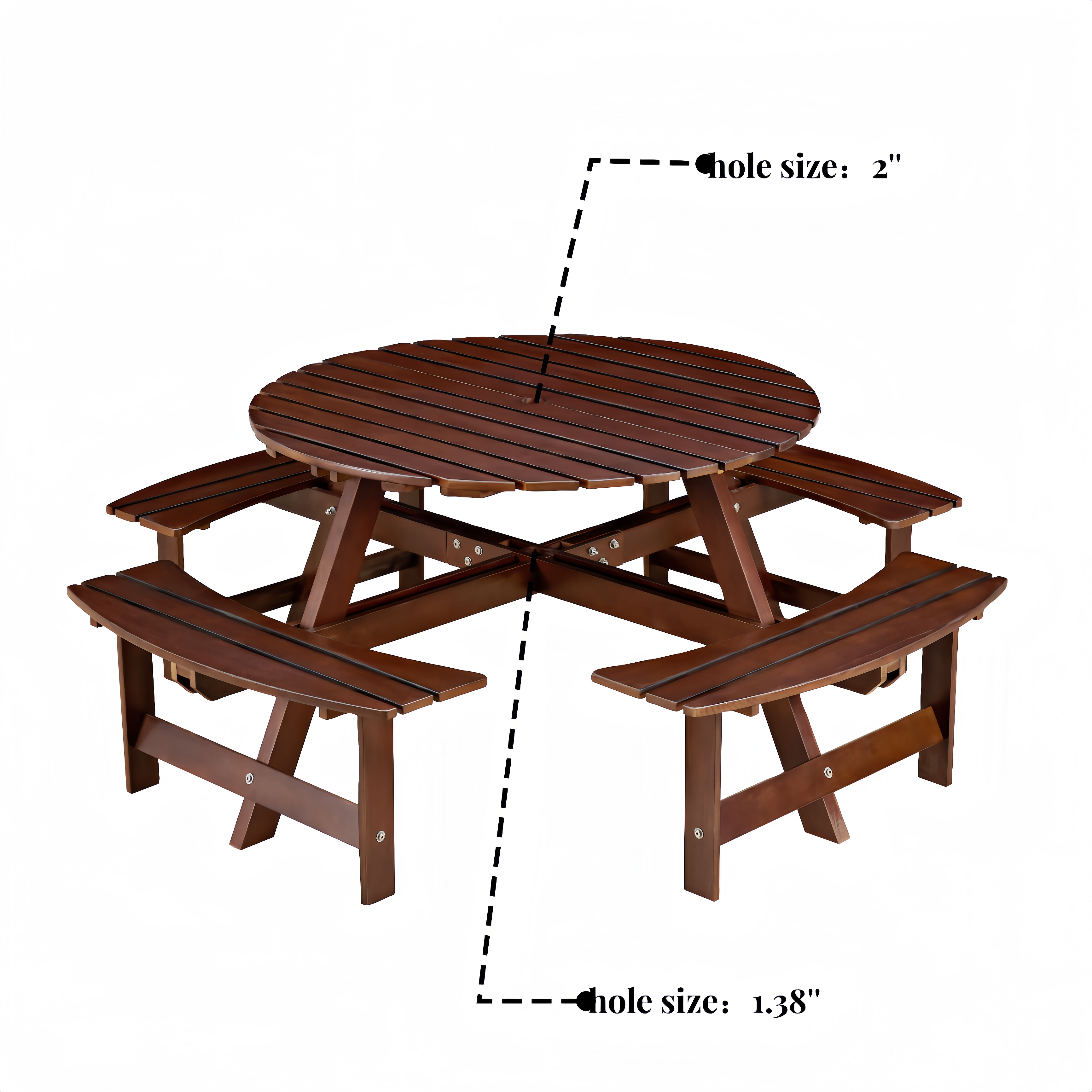 Aukfa Wooden Picnic Table for 8,Outdoor Round Picnic Table w/ 3 Benches for Garden, Backyard,Brown