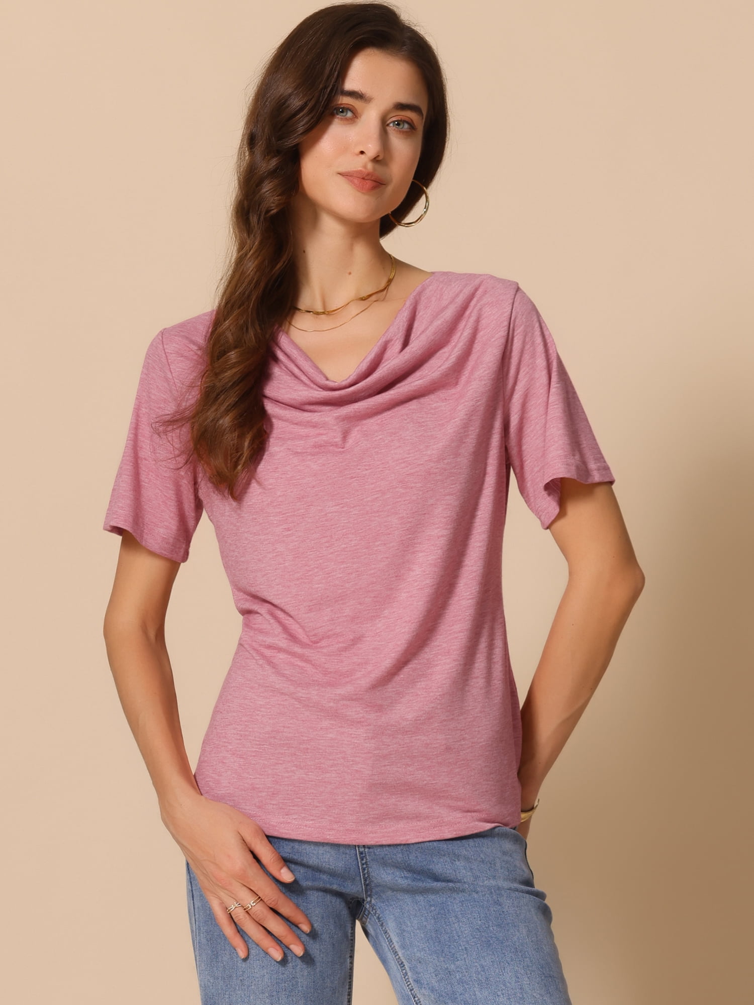 DARING DIVA Women's Cowl Neck Short Sleeve Casual Stretchy Blouse XL Red