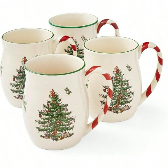 Spode Christmas Tree 14 oz Holiday Mugs Set of 4 Festive Coffee Mugs with Peppermint Candy Cane Handle Stoneware Christmas Mugs Ideal for Hot Cocoa Holiday Tea Mugs Winter Beverages