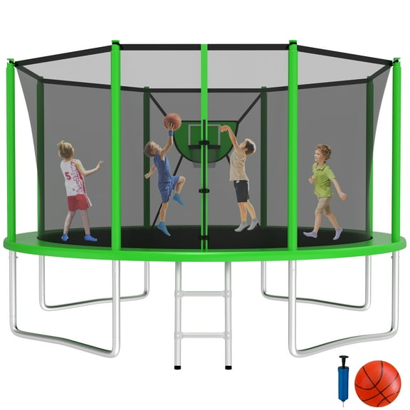Jump Into Fun Trampoline 12FT 8 10 14 15 16FT Outdoor Trampoline for Kids and Adults with Enclosure and Basketball Hoop, 1200LBS Weight Capacity for 4-5 Adults and Kids, Easy Assembly