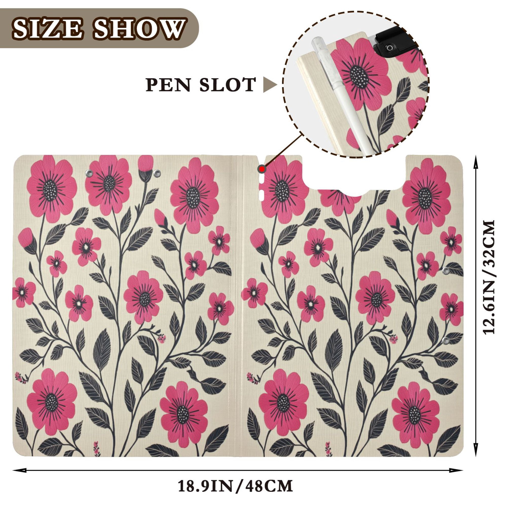 FORMRS A4 Clipboard Folder with Pen Holder Horizontal Foldable School Office Binder, Pink Flowers