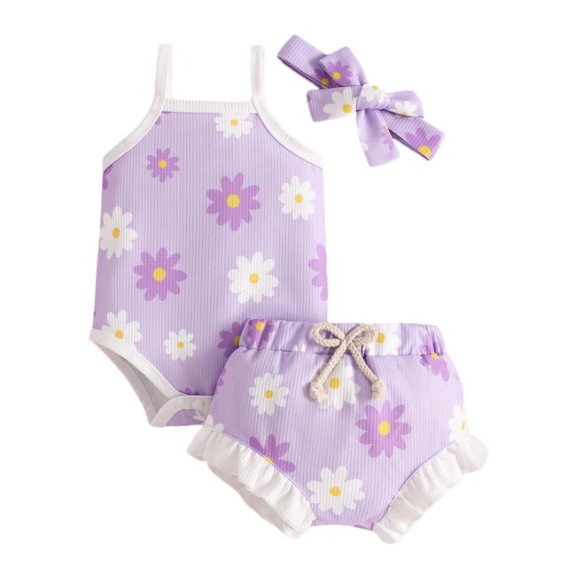 TZEWGL Outfit Sets For Child Fashion Sleeveless Ruffles Ribbed Romper Bodysuit Prints Shorts With Headbands 3Pcs For Kids size 6-12M