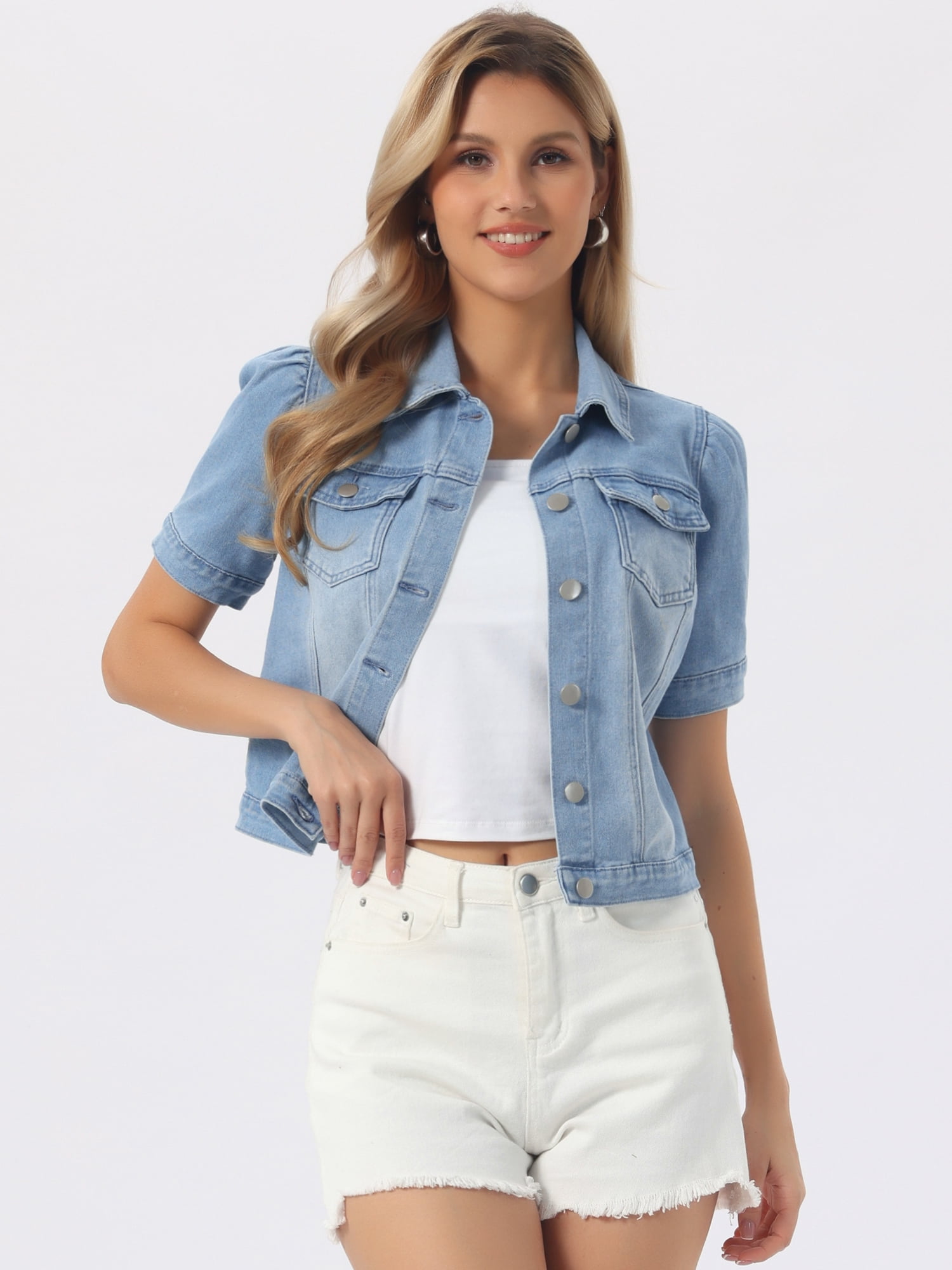 DARING DIVA Women's Jean Jacket Short Puff Sleeves Button-Down Denim Jacket L Light Blue