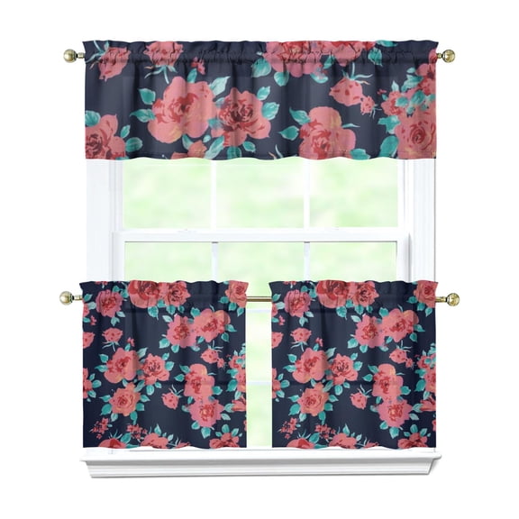 Pioneer Kitchen Curtains and Valance Set 24 Inch Tier Abstract Pink Floral Prints Curtains Small Drapes for Cafe Living Room Bathroom Farmhouse 3 Pieces Set Rod Pocket