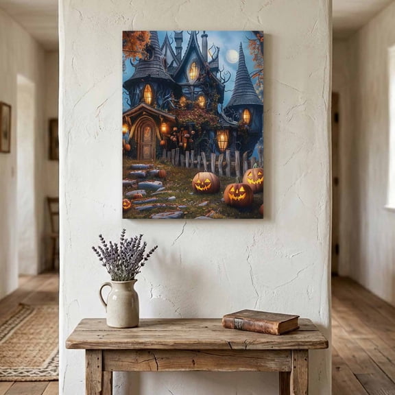 Ships Next Day Canvas Wall Art 16"x24", Halloween Wood Framed Canvas Print Painting, Forest Ghost Pumpkin Castle Vintage Cottage Ready to Hang Picture Wall Decor for Home Bedroom Living Room Dining