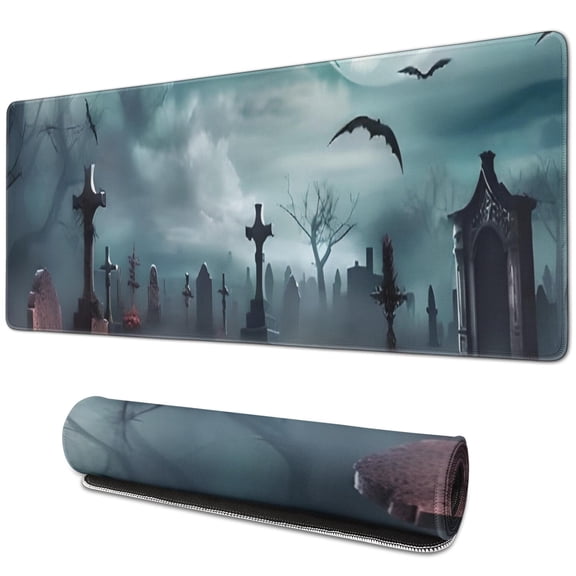 Long Mouse Pads for Desk,Halloween Graveyard Scene Pattern Desk Mats on Top Of Desks, Desk Mouse Pad Extra Large with 3mm Non-Slip Base and Stitched Edge for Gaming,Office,Work,Home 31.5x11.8in