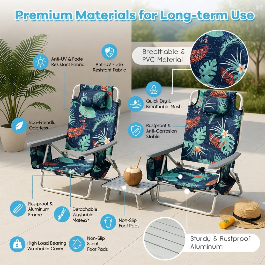 Hommoo 2-Pack Portable 5-Position Reclining Beach Chairs with Folding Side Table, Lightweight Aluminum Camping & Outdoor Chair Set, Green