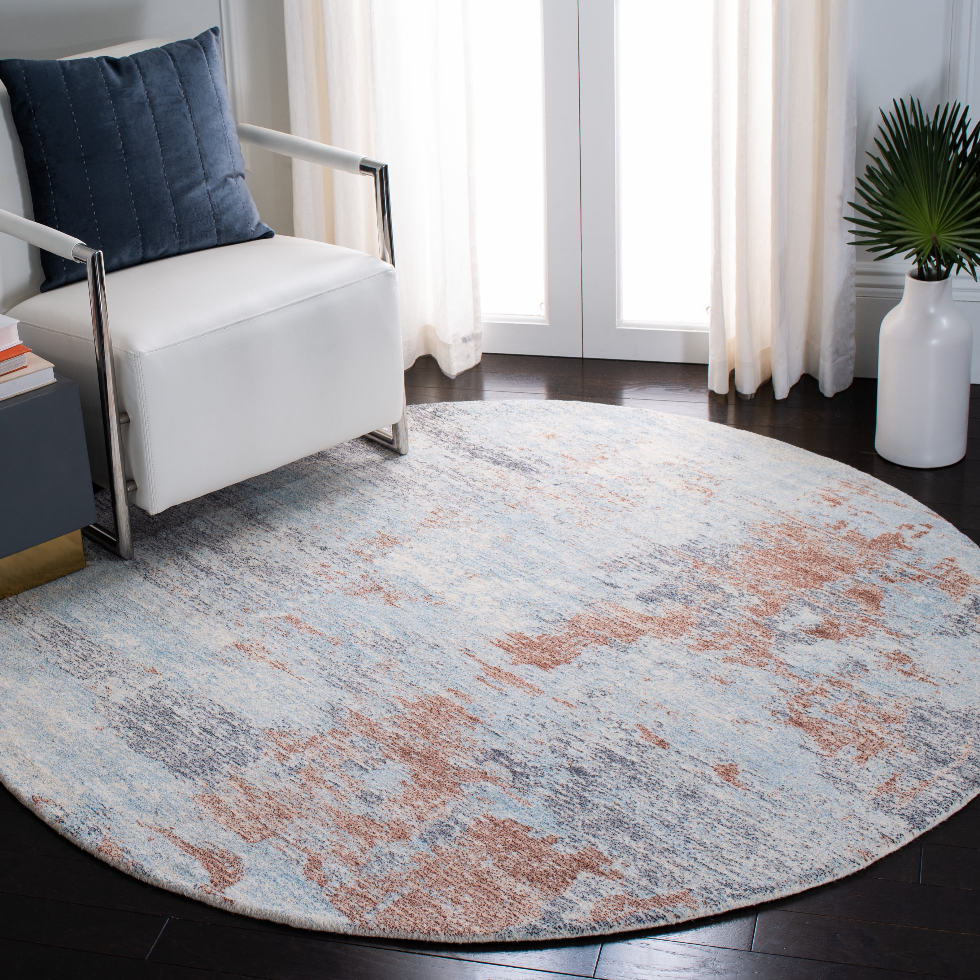 SAFAVIEH Restoration Vintage Janae Abstract Area Rug, Blue/Brown, 6' x 6' Round