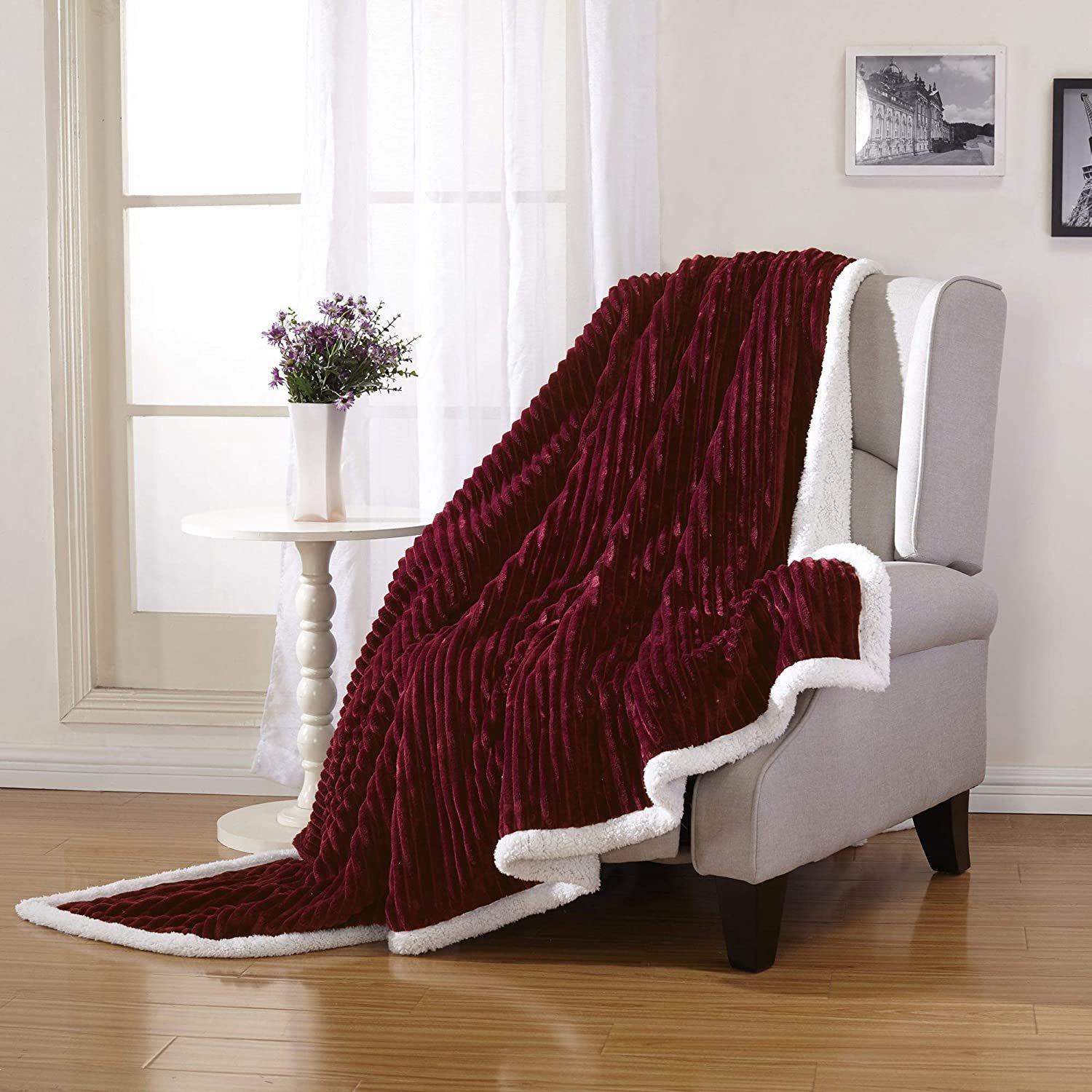 Plazatex Corduroy Faux Sherpa Reverse Throw Blanket 50x60 Burgundy