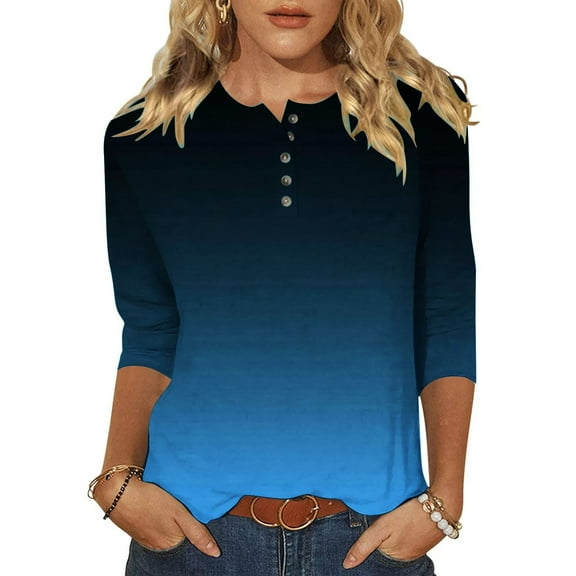 Htigea Womens Henley Tshirts 3/4 Length Sleeve Crewneck Pullover Trendy Gradient Color Tops Casual Tunic Tees Dark Blue M