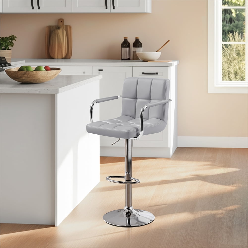 Renwick PU Leather Swivel Bar Stool with Large Steel Pedestal Base, Light Gray