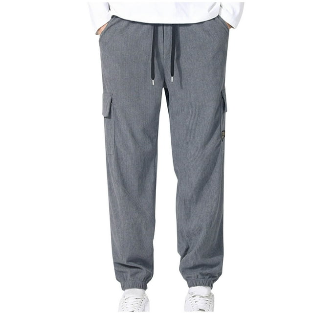 AherBiu Mens Corduroy Pants Drawstring Elastic Waisted Plus Size Joggers With Multi Pockets Fall Winter Casual Loose Cargo Trousers