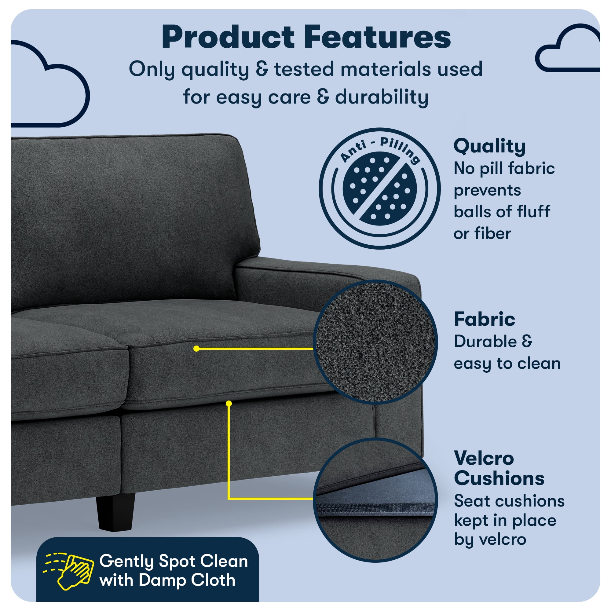 Serta Palisades 73" Track Arm Sofa, Easy Care Polyester, Loveseat or Couch for Small Spaces, Charcoal