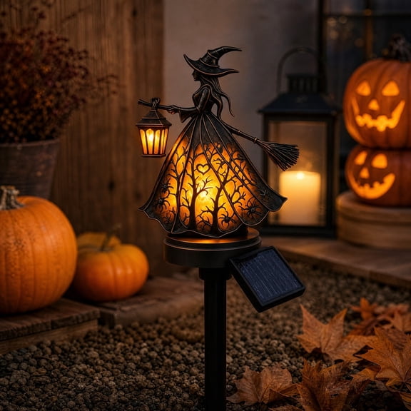 Solar Witch Garden Stake Light, Black Resin Halloween Outdoor Decoration for Yard, Pathway and Flower Bed