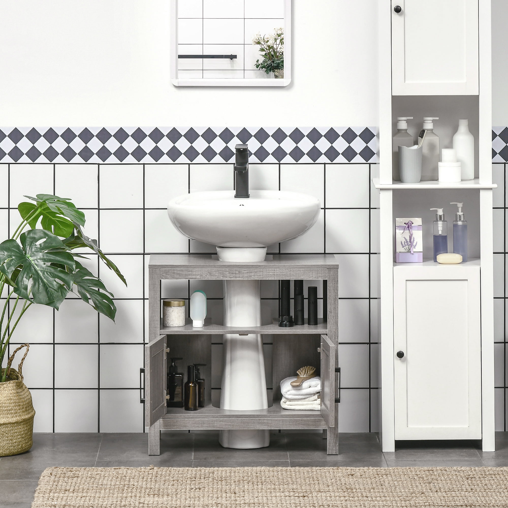 eclife Bathroom Under Sink Vanity Cabinet, Pedestal Sink Storage Cabinet w/  2 Doors and Shelf, Free Standing Cabinet Space Saver Organizer, Grey