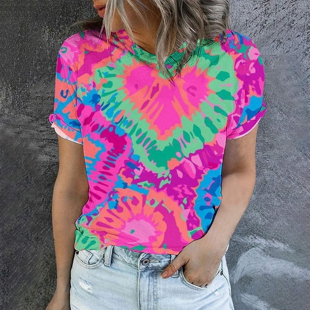 Fiudx Ofertas Relámpago Blusas Informales de Manga Corta con Cuello Redondo y Estampado a La Moda para Mujer