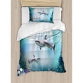 thumbnail image 3 of Underwater King Size Duvet Cover Set, Realistic Illustration Wild Sharks and Plants Corals Seaweed Aquatic Ocean Life, Decorative 3 Piece Bedding Set with 2 Pillow Shams, Multicolor, by Ambesonne, 3 of 3