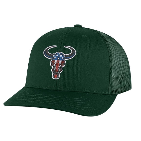American Flag Bull Head Trucker Hat – Embroidered Bull Head, Mesh Snapback Cap (AlpineGreen)